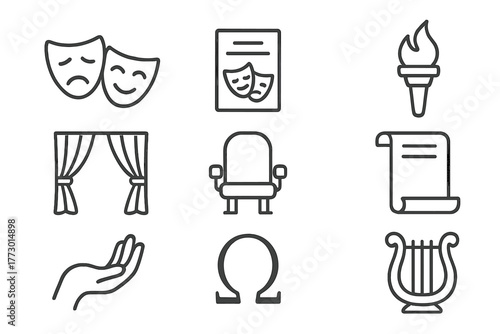 Drama Icons Collection. Line style icons of Drama: Mask, Script, Torch, Curtain, Chair, Scroll, Hand, Symbol, No text, No labels,