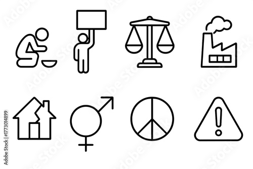 Social Issues Icons. Line style icons of Social Issues: Poverty, Protest, Scales, Pollution, Broken House, Gender Symbol, Peace