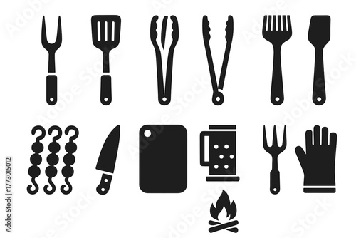 Barbecue Tools Icons. Solid style icons of Barbecue tools: grill fork, spatula, tongs, basting brush, skewers, knife, cutting