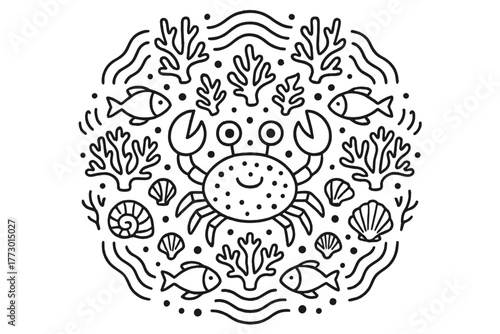 Marine Life Mandala. Crab in the center with corals, seashells, fish, and waves radiating outward in a mandala-like pattern, black