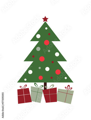 Christmas tree with gifts. Festive winter vector illustration, flat design. Christmas decoration, an element for design, postcards, banners, greetings. The color symbol of Christmas