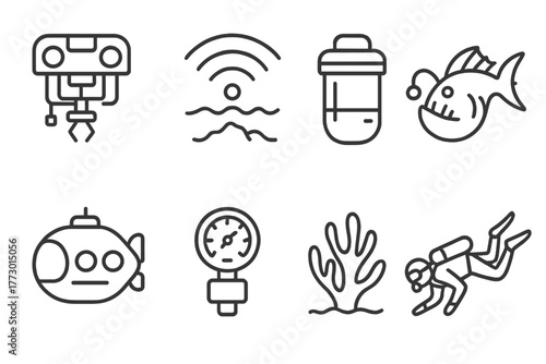 Deep Sea Exploration Icons. Line style icons of Deep Sea Research: ROV, Sonar, Sample Container, Abyssal Creature, Submersible,