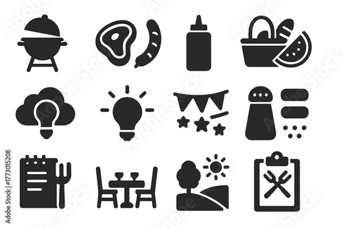 Barbecue Icon Set. Solid style icons of Barbecue inspiration: grill sketch, meat layout, sauce plan, summer picnic idea, creative