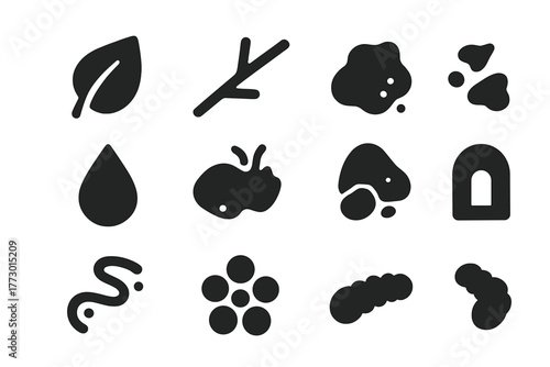 Colony Tools Icons. Solid style icons of Colony tools and items: leaf fragment, twig, soil particle, food crumb, water droplet,