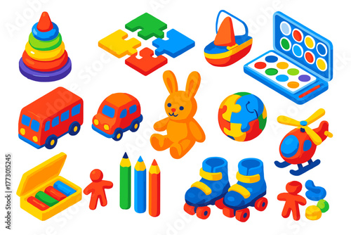 Creative Kids' Toys. Isometric vector illustration set Creative Kids and Play: stacking rings, jigsaw puzzle, paint set, toy bus,