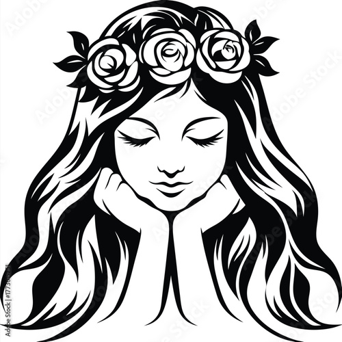 Elegant woman with closed eyes rests her chin on her hands in monochrome