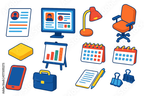 Business HR Essentials. Isometric vector illustration set business and HR essentials: candidate resume, HR software screen, desk