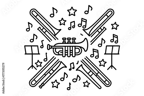 Symmetrical Brass Instruments. Trumpet in the center with trombones, notes, stars, and music stands radiating outward in symmetry,