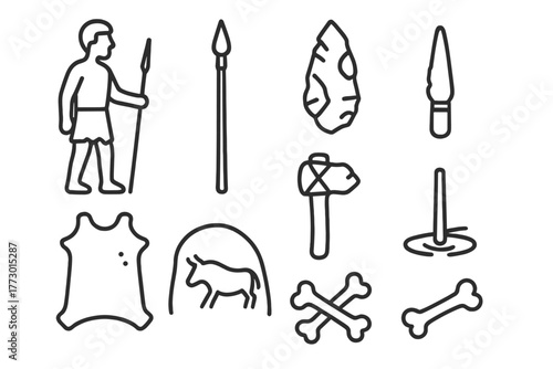 Primitive Hunting Tools Icons. Line style icons of Early Hunting: Hunter, Spear, Flint Knife, Animal Skin, Stone Axe, Fire Drill,