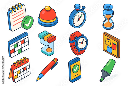 Productivity Icons Collection. Isometric vector illustration set productivity with checkmark and alarm: spiral task list, desk