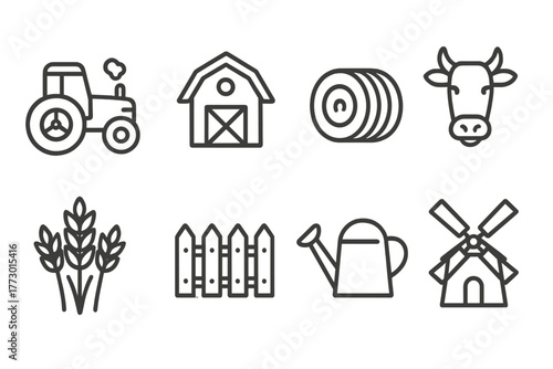 Agriculture Icon Set. Line style icons of Agriculture: Tractor, Barn, Hay Bale, Cow, Wheat Sheaf, Fence, Watering Can, Windmill,