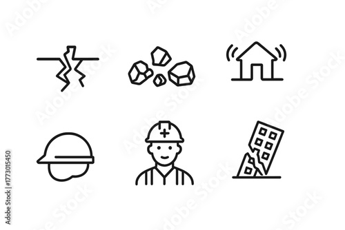 Earthquake Line Icons. Line style icons of Earthquake Scenario: Cracked Ground, Rubble, Aftershock, Seismogram, Helmet, Rescue