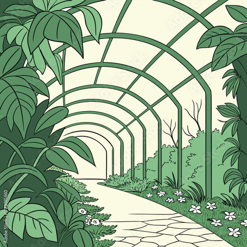 A winding stone path leads through a lush green garden under a curved trellis archway with large leaves and small flowers palm tree in the city