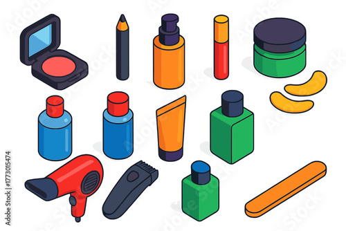 Vibrant Beauty Tools. Isometric vector illustration set Makeup, Skincare, and Grooming: blush compact, eyeliner pencil, foundation