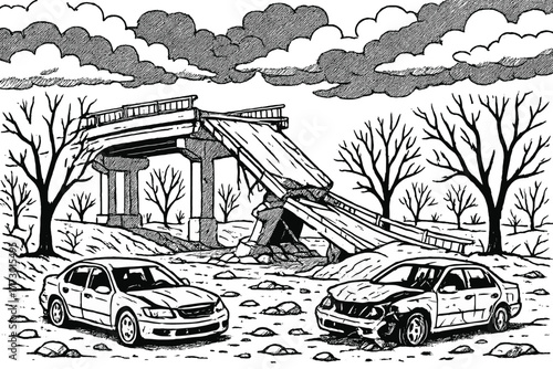 Broken Bridge Scene. Collapsed bridge over a dry riverbed with skeleton trees, wrecked cars, and storm clouds above, black and
