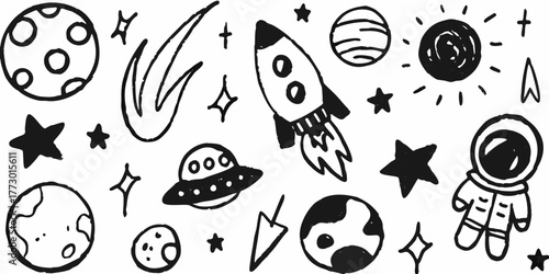 Whimsical hand drawn space elements including planets rocket ship astronaut ufo and stars