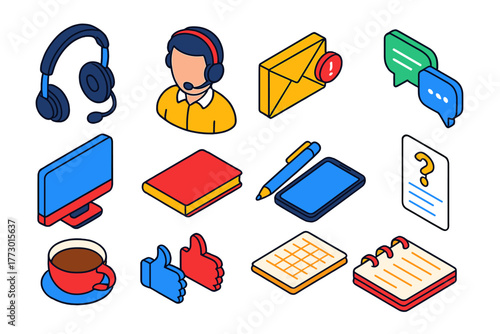 Bold Customer Support Icons. Isometric vector illustration set headset, support agent, email, messaging, feedback, inquiry: call