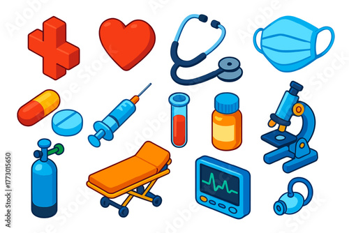 Healthcare Essentials Icons. Isometric vector illustration set Medical and Healthcare Essentials: health cross, heart, stethoscope