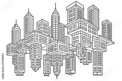 Surreal Futuristic Cityscape. Futuristic cityscape with gravity-defying buildings growing sideways and upside down, black and