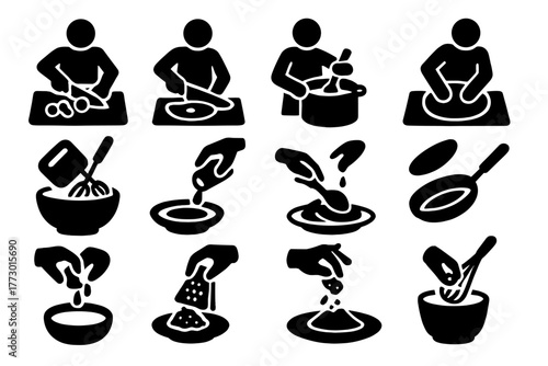 Food Preparation Icons. Solid style icons of Food preparation: chopping vegetables, slicing meat, stirring pot, kneading dough,