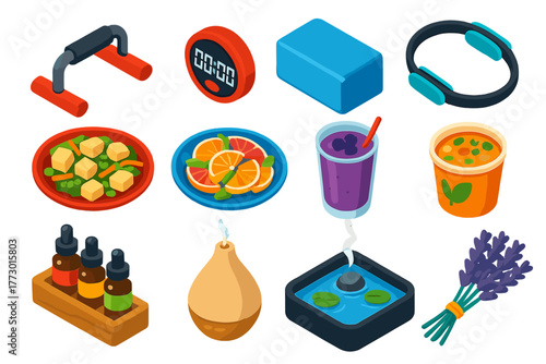 Healthy Lifestyle Icons. Isometric vector illustration set Healthy Lifestyle: push-up grips, gym timer, foam block, pilates ring,