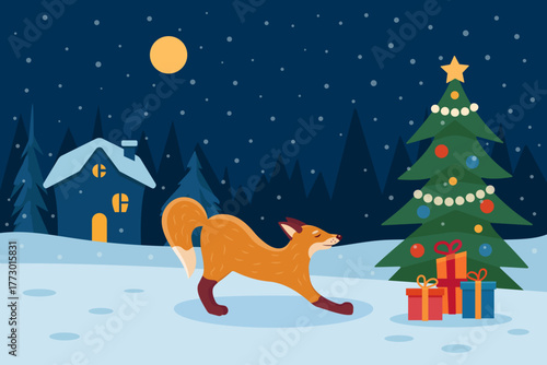 Christmas fox in snowy village, decorated tree, gifts, cozy home and winter night. Perfect festive illustration for cards, posters, and holiday projects.