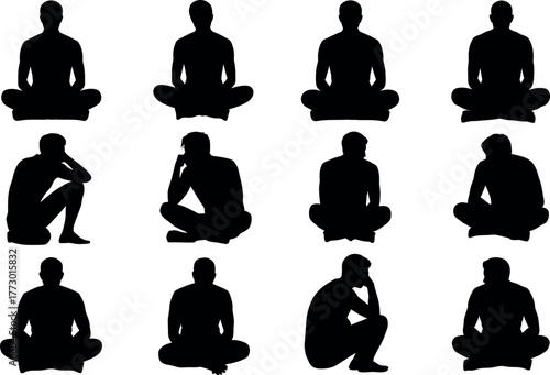 Silhouette of meditating men set vector art in different positions