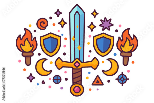 Magical Sword and Shields. Enchanted sword in the center with shields, flames, moons, and magical runes radiating outward in