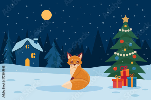 Christmas fox in snowy village, decorated tree, gifts, cozy home and winter night. Perfect festive illustration for cards, posters, and holiday projects.