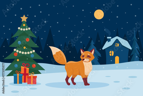 Christmas fox in snowy village, decorated tree, gifts, cozy home and winter night. Perfect festive illustration for cards, posters, and holiday projects.