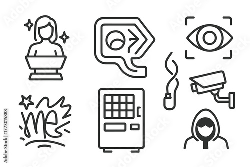 Cyberpunk Alley Icons. Line style icons of Cyberpunk Alley: Holographic Ad, Neon Sign, Data Cable, Augmented Eye, Street Camera,