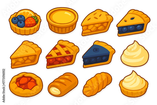 Sweet Treats Collection. Isometric vector illustration set sweet treats collection: fruit tart, custard tart, mini pie, apple pie
