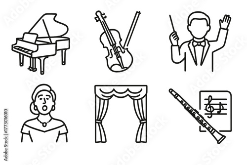 Romantic Era Icons. Line style icons of Romantic Era: Grand Piano, Violin, Conductor, Opera Singer, Dramatic Curtain, Harp,