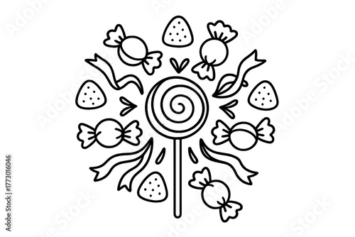 Sweet Mandala Design. Lollipop in the middle with swirls, wrapped candies, gumdrops, and ribbons radiating outward in mandala