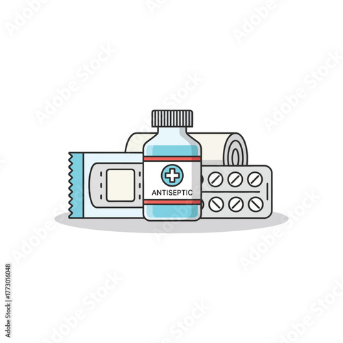 Essential First Aid Supplies Antiseptic, Bandages, and Pills