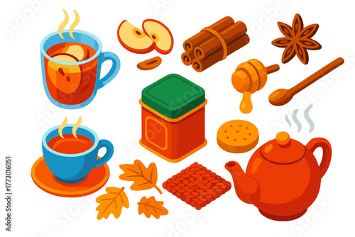 Autumn Beverage Icons. Isometric vector illustration set autumn drinks and tea: apple cinnamon tea, apple slices, cinnamon bundle,