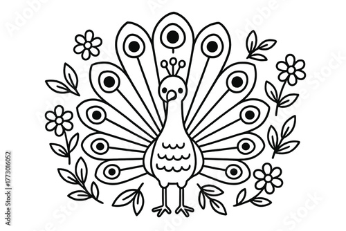 Peacock Coloring Outline. Peacock in the middle with symmetrical arrangement of tail feathers, eyespots, leaves, and flowers,