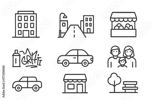 Urban Anthropology Icons. Line style icons of Urban Anthropology: Building, Street, Market, People, Graffiti, Vehicle, Shop, Park,