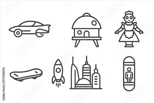 Retro Futurism Icons. Line style icons of Retro Futurism: Flying Car, Domed House, Jetpack, Robot Maid, Hoverboard, Rocket Lamp,