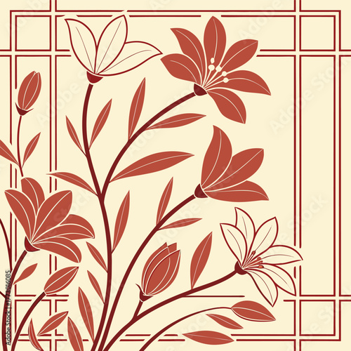 Elegant art deco floral illustration featuring stylized red lilies and buds against a cream background with a decorative border seamless pattern with flowers