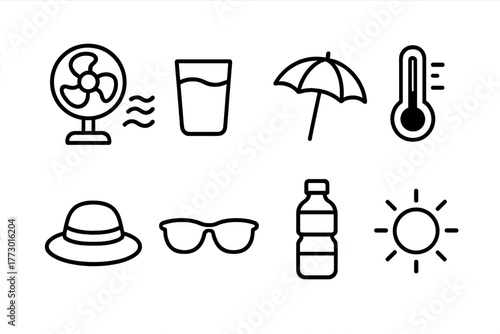 Heatwave Comfort Icons. Line style icons of Heatwave Comfort: Fan, Hydration, Shade, Thermometer, Sun Hat, Sunglasses, Water