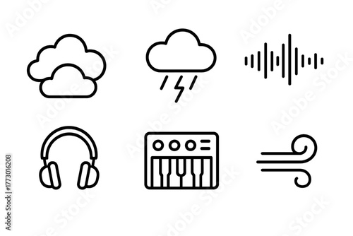 Atmospheric Sound Icons. Line style icons of Atmospheric Sounds: Clouds, Rain, Lightning, Waveform, Headphones, Synthesizer, Echo