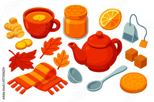 Autumn Tea Essentials. Isometric vector illustration set autumn drinks and tea: ginger tea cup, ginger slices, honey jar, lemon