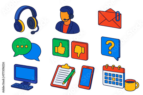 Support Tools Illustration. Isometric vector illustration set headset, support agent, email, messaging, feedback, inquiry: padded