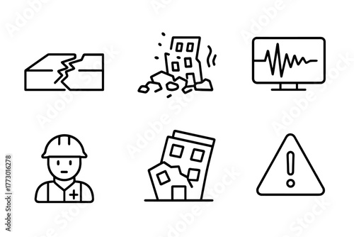 Earthquake Line Icons. Line style icons of Earthquake Scenario: Cracked Ground, Rubble, Aftershock, Seismogram, Helmet, Rescue