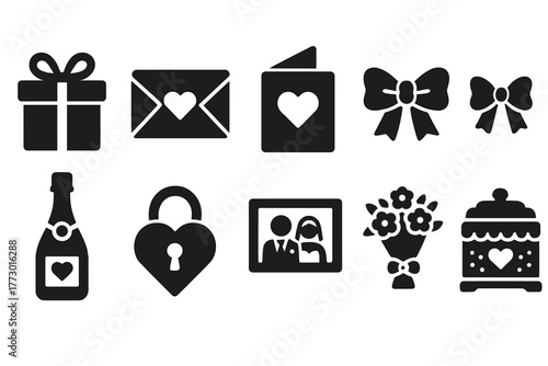Wedding Gift Icons. Solid style icons of Wedding gifts: gift box, envelope, card, ribbon, bow, champagne bottle, keepsake, photo