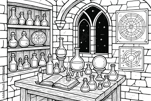 Medieval Alchemist's Workshop. Medieval alchemist’s workshop with shelves of potions, crystal spheres, and astrological charts,