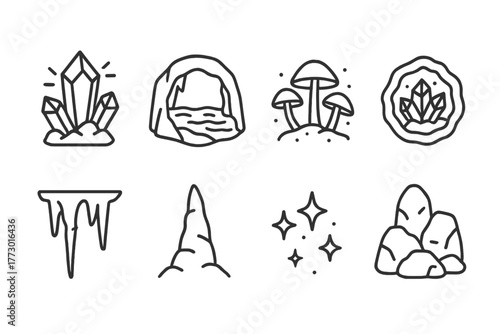 Crystal Cave Icons. Line style icons of Crystal Cave: Glowing Crystal, Underground Lake, Luminescent Fungus, Geode, Stalactite,