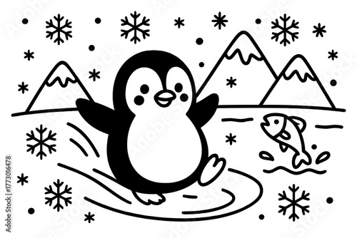 Penguin's Icy Adventure. A cute penguin sliding on ice with snowflakes, mountains, and fish jumping from the water, black and
