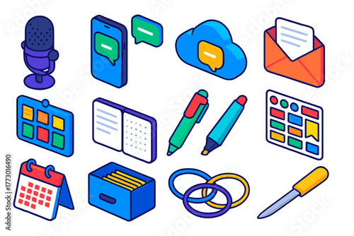 Vibrant Communication Icons. Isometric vector illustration set communication and organization: radio microphone, smartphone with